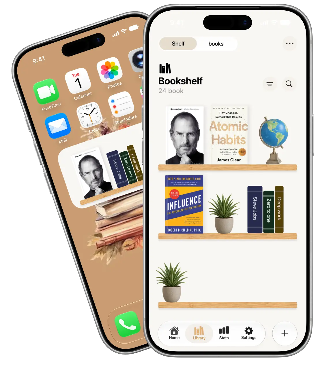 Two iPhones showing the Gleamry app icon and a custom bookshelf